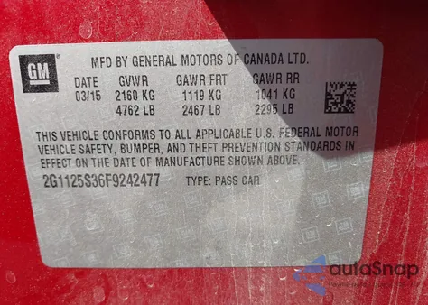 2015 Chevrolet Impala 2Lt from USA, damaged, VIN 2G1125S36F9242477